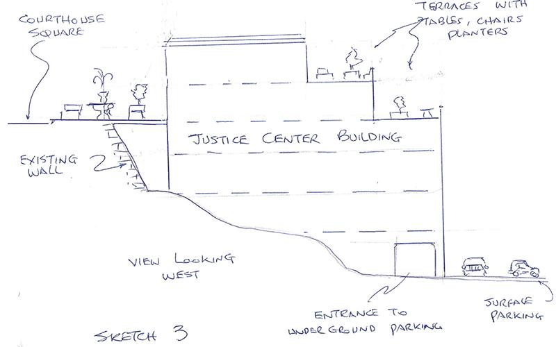 David Artiss provided The Graham Star with digital copies of his sketches for the  Graham County Justice Center, which show his concept of the structure  encompassing both Court and Ford streets, as depicted here.