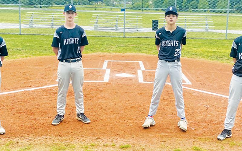 Prior to May 11’s game against Copper Basin, Tenn., Robbinsville Middle School recognized its 8th-grade baseball players. From left are Cody Crisp, Zander Davis, Tucker Jones and Slade Freeman. Not pictured are Levi Roberts and Sawyer Hogsed. Photo courtesy of Adam Brooks/Robbinsville Middle School Baseball