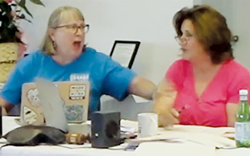 This screenshot from a recording shows the moment Lake Santeetlah Council Woman Diana Simon slapped Mayor Connie Connie Gross during the town’s June 8 meeting. Simon was attempting to nominate a  candidate for a substitute member on Lake Santeetlah’s planning board, moments after Mayor Gross’ husband, Jack, was voted 3-2 to be the first of two alternates on the planning board.