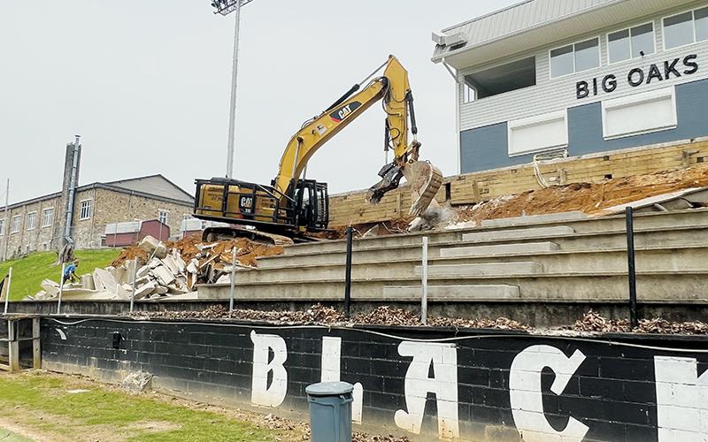The measure to demolish perilous seating on the home side of Big Oaks Stadium was approved around 11:30 a.m. June 29. Two hours later, work commenced. Photos by Kevin Hensley/sports@grahamstar.com