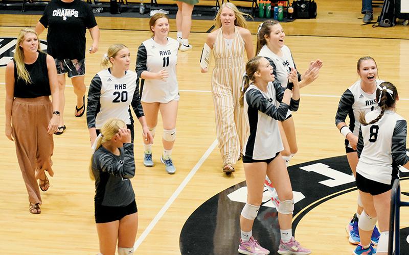 The Robbinsville Lady Knights celebrate moments after clinching a 5-set comeback win Tuesday against Asheville. Photos by Kevin Hensley/sports@grahamstar.com