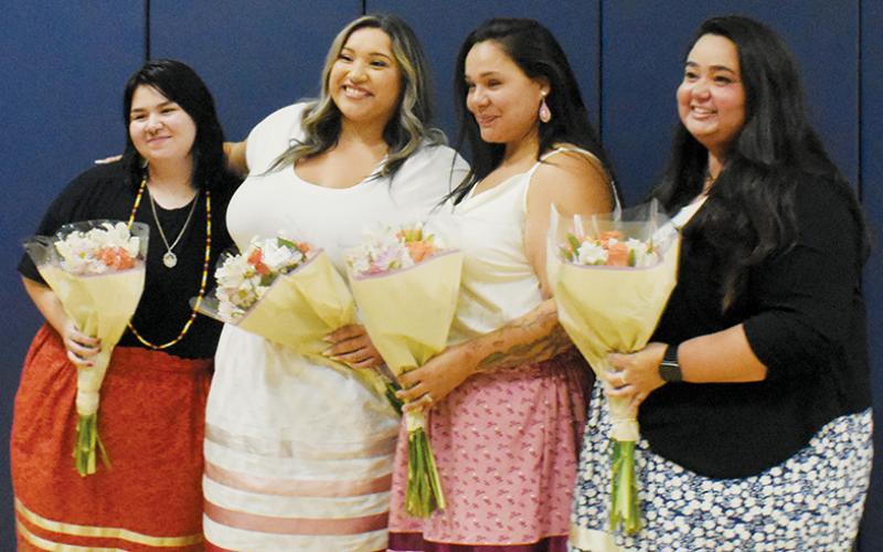 Dadiwonisi Language Program graduates stand in recognition at the end of Tuesday’s ceremony. From left are Jazlyn “Wadulisi” McEntire, Cailon “Uwodsdi” Garland, Kirstie “Tsayga” Frady and Gina “Amage” Myers. Photo by Ruby Annas/news@grahamstar.com