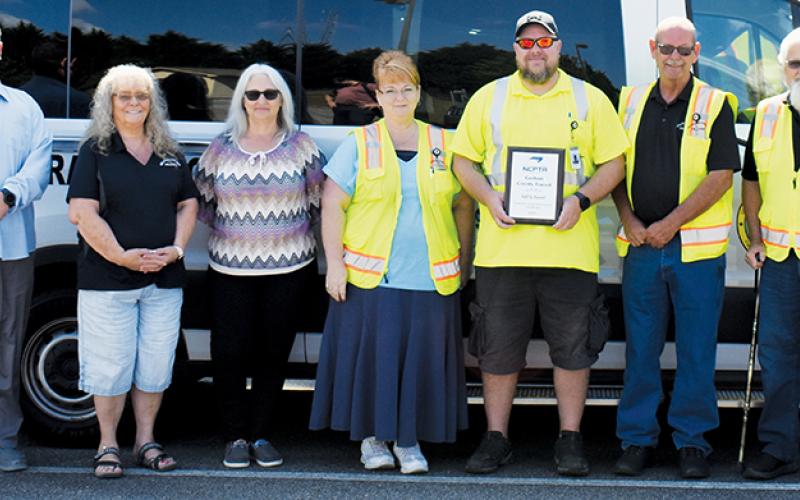 Graham County Transit has once again received a safety award from the state level. From left are Michael Collins, NEMT coordinator; Donna Hill, dispatch schedule operator; Tracy Jenkins, assistant director; and drivers Angie Jenkins, Micheal Badalucca, Tommy Holland and Terry Crawford. Photo by Ruby Annas/news@grahamstar.com