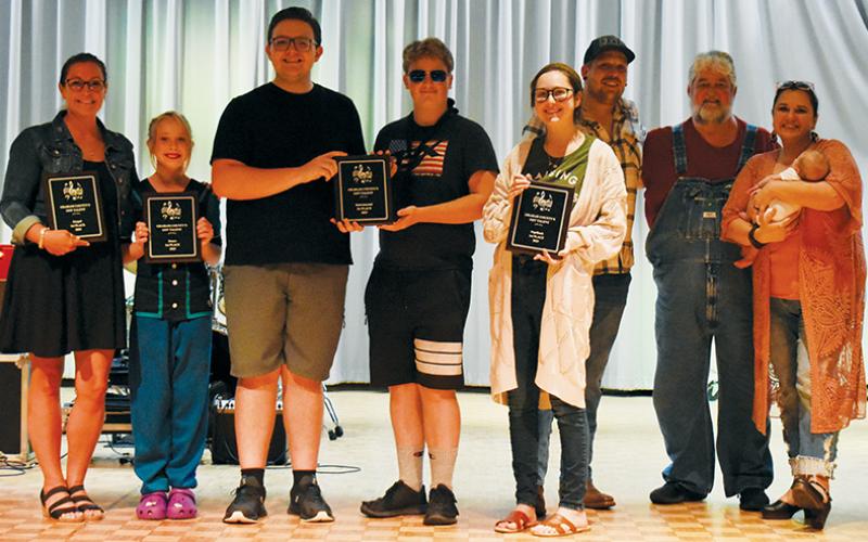 Winners of the second annual “Graham County’s Got Talent” were (from left): Megan Brooks, gospel; Ariana Roberts, dance; Aidan Holder and Ryan Lynn, instrumental; Gracie Anderson and Will Phillips, pop/rock; and Mandy Millsaps, Keith Rogers and Anderson, country/bluegrass. Photo by Kevin Hensley/editor@grahamstar.com
