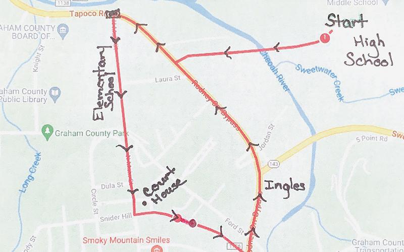 This drawing shows the new route for the upcoming Robbinsville High School Homecoming Parade on Oct. 13, which will see the route begin and end at the new entrance to the school (Wayne  Carringer Blvd., off Rodney Orr Bypass).