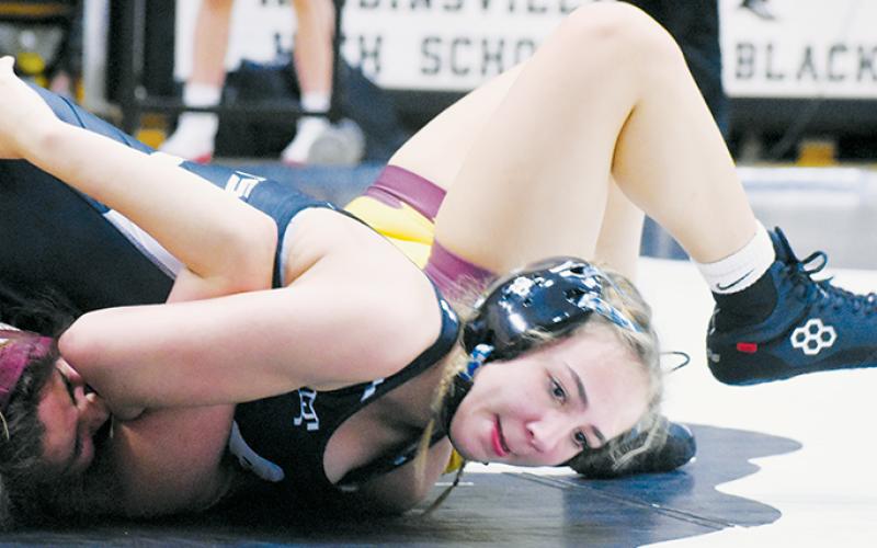 Robbinsville's Alexis El-Khouri ties up her opponent for an eventual pinfall victory during Tuesday's dual. Photo by Kevin Hensley/sports@grahamstar.com