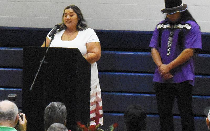 Cailon “Uwodsdi” Garland speaks during Sept. 26’s Dadiwonisi Adult Language Program graduation at the Jacob Cornsilk Community Complex. Garland was one of just four students who successfully completed the program. Photo by Ruby Annas/news@grahamstar.com