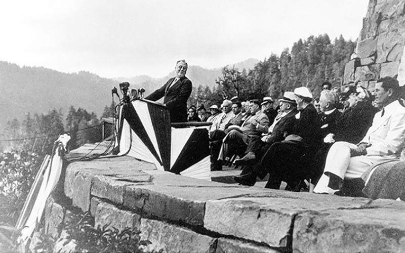 Franklin D. Roosevelt dedicated the Great Smoky Mountains National Park on Sept. 2, 1940. Students from Robbinsville High School were in attendance. Photo courtesy of National Park Service