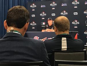 Atlanta Braves manager Brian Snitker talks with the media before Game 5 of the National League Division Series at Suntrust Park. Photo by Kevin Hensley/editor@grahamstar.com