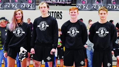 Prior to the Jan. 14 home dual with Andrews, Robbinsville High School wrestling recognized its four seniors (from left): Gracye Burchfield, Justin Stewart, Kamron McGuire and Nathan Fisher. Photo by Kevin Hensley/editor@grahamstar.com