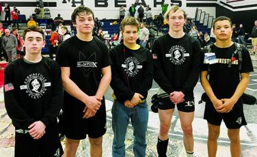 These five Robbinsville High School grapplers qualified for the 1A state tournament at the Western Regional tournament, which was held at Mount Airy this year. From left are Luke Wilson, Kyle Fink, Nathan Fisher, Justin Stewart and Jayden Nowell. Photo by Todd Odom/Contributing Photographer