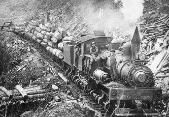 A logging train sits along the lower section of the Cheoah River in the 1920’s.