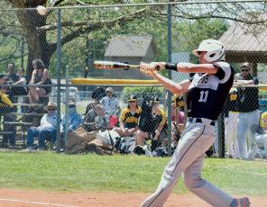 Robbinsville’s Jeb Shuler connects for a leadoff homer Saturday at Murphy. Photo by Kevin Hensley/sports@grahamstar.com