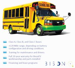 A portion of a brochure from Bison EV shows a retrofitted school bus, as well as  services and features the company provides.
