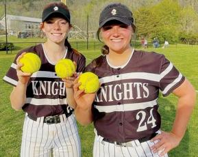 Zoie Shuler (left) and Ivy Odom show off their trophies on April 20 after the duo launched a combined three home runs at Cherokee. As of Monday, Shuler has hit six long balls this season, while Odom has five. Photos courtesy of Susan Crowe/Contributing Photographer