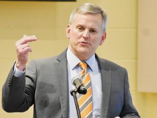 N.C. Attorney General Josh Stein addresses county leaders and personnel at the Graham County Community Building on April 28. Stein made the trip to Robbinsville to discuss the recent opioid settlement, as well as discuss the local impact of the crisis. Photo by Kevin Hensley/editor@grahamstar.com