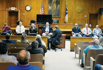 The seven Republican primary candidates for Graham County Sheriff – Kevin Guffey, Louanne McMahan, Jerry Crisp, Dennis Crisp, Chase Lancaster, Leon Allen, Jr. and Russell Moody (from left) during their forum April 23. Photo by Kevin Hensley/editor@grahamstar.com
