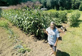 Flanked by her agricultural production, Vicki Walsh proudly shows off the garden she has cultivated on Lower Mill Creek Road. Photos by Randy Foster/news@grahamstar.com
