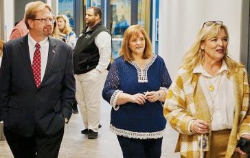 U.S. Rep. Chuck Edwards (left) is given a tour of the newly-completed wing at Robbinsville Middle School by Graham County Schools Superintendent Angie Knight (center) and middle school principal Tonia Walsh on Tuesday morning. Photo by Randy Foster/news@grahamstar.com