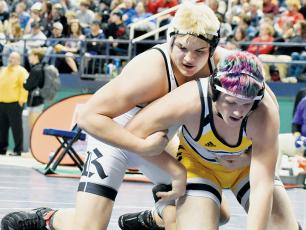 Koleson Dooley won his first 1A state championship Saturday, last besting Pamlico County’s Tyler Stevens 5-2 in the 220-pound finals. Photos by Kevin Hensley/sports@grahamstar.com