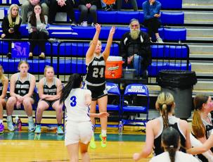 Suri Watty was lights out from beyond the arc in Dec. 27’s Smoky Mountain Christmas Invitational opener, posting six in Robbinsville’s victory over the Lady Mustangs. Photos by Fala Welch/The Graham Star